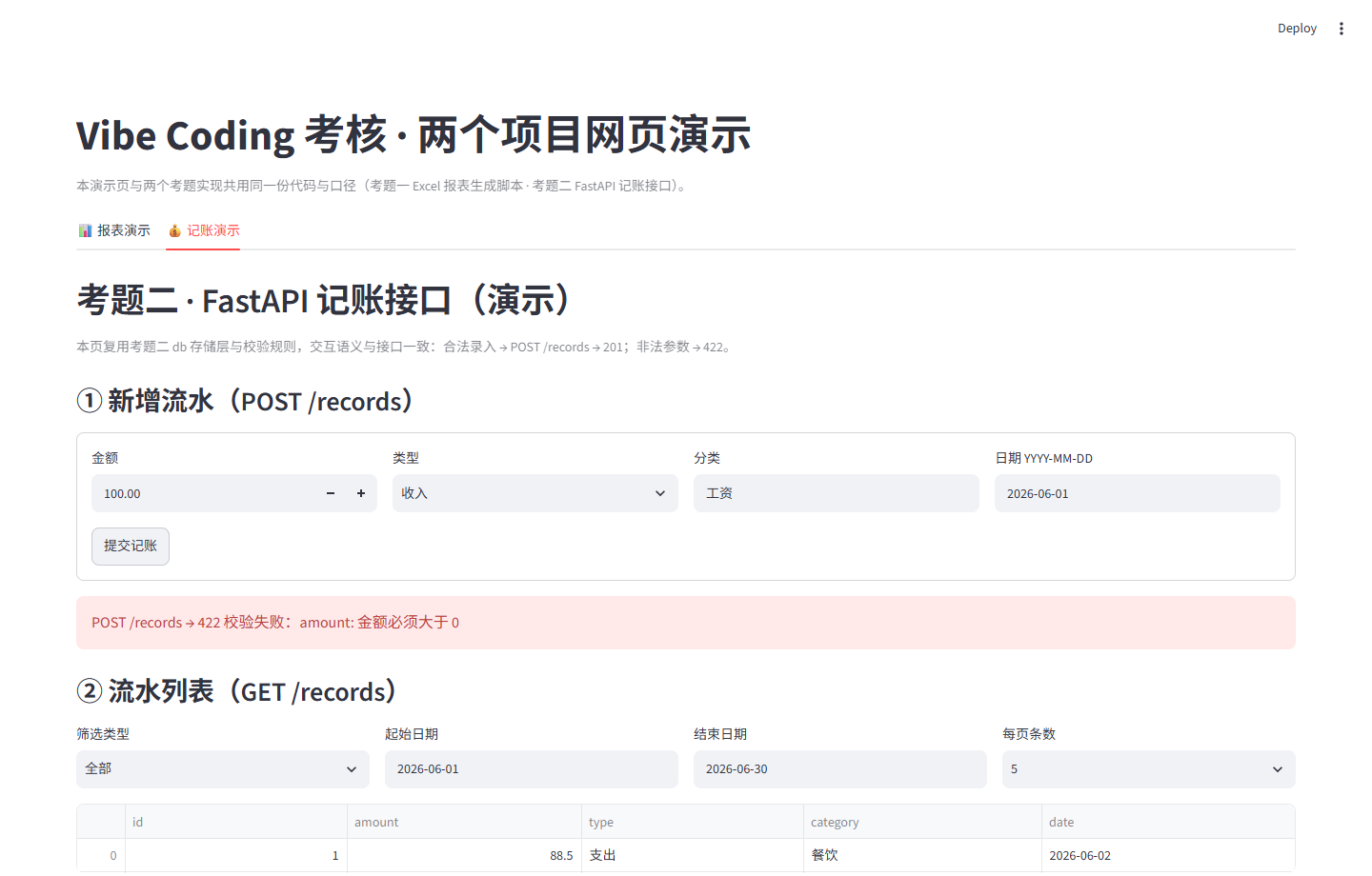 图6 网页演示 记账 422 校验